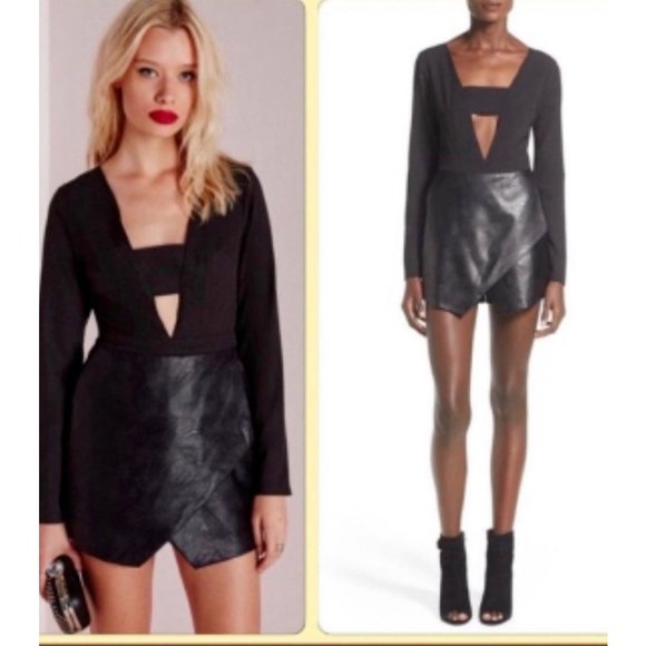 Missguided Pants - Missguided Womens Romper Playsuit Black Cutout Long Sleeve Leather Short 12 New